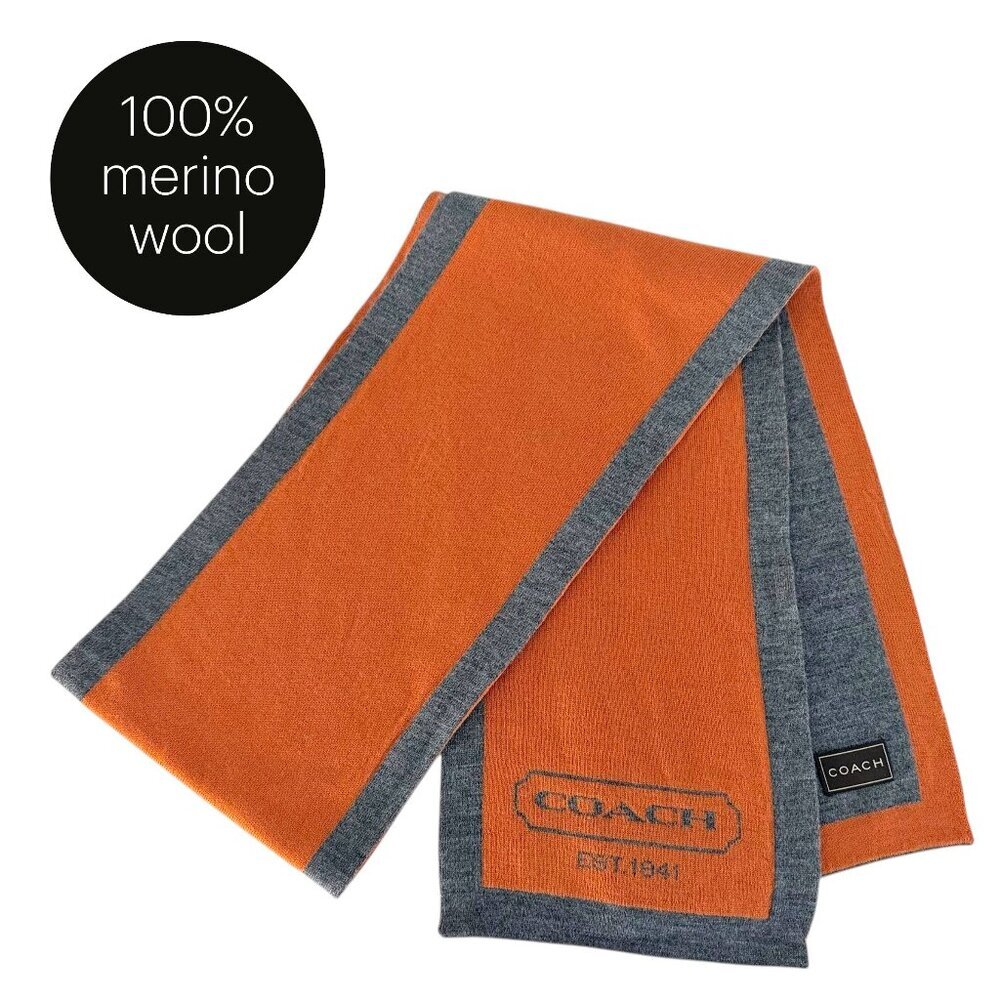 COACH Orange Grey Merino Wool Scarf Logo Classic Winter one size